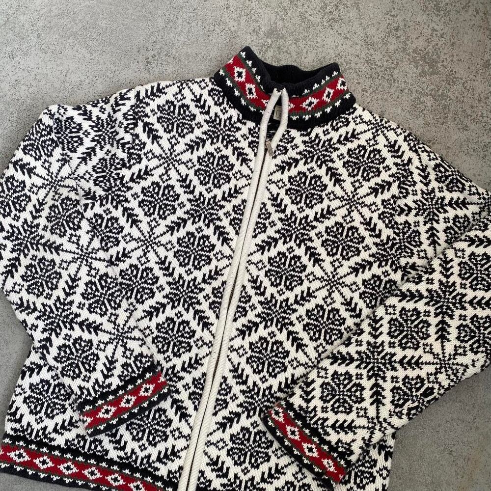 90s Vintage L.L. Bean Patterned Cardigan Zip Up Sweater Cropped Fit - Picture 3 of 5